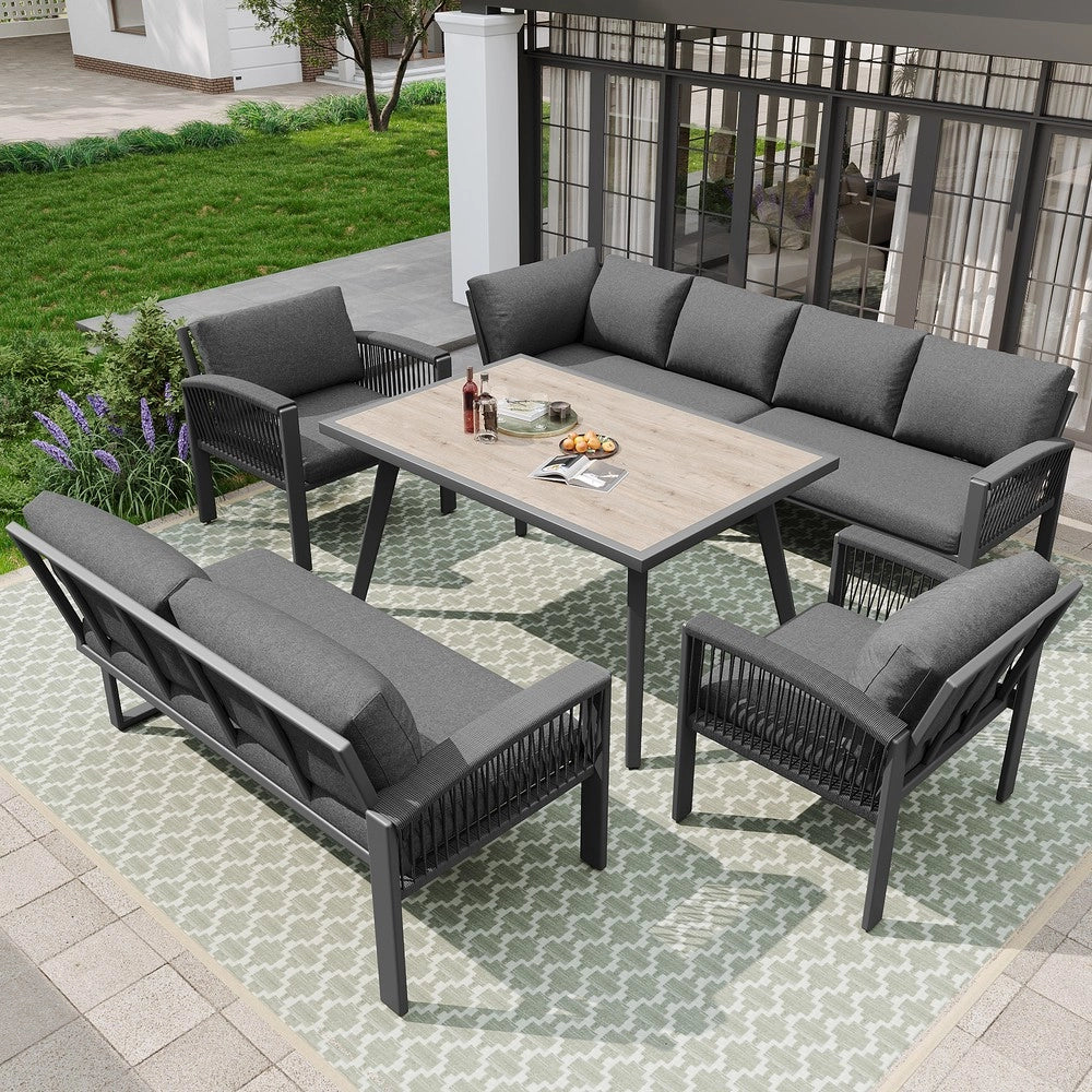 Set Lounge da Giardino 8 Posti con Tavolo ¨C Xylo ¨C Grigio, Corda, Piano Effetto Legno