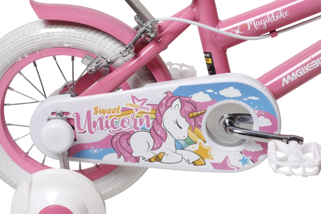 Bicicletta per Bambine Unicorn 12 Pollici con Stabilizzatori Bauletto e Cestino Rosa Rosa