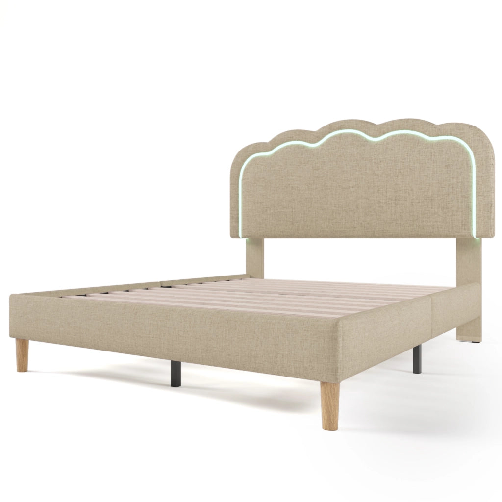 Letto matrimoniale LED – 140x200 cm – testiera regolabile rete – lino beige