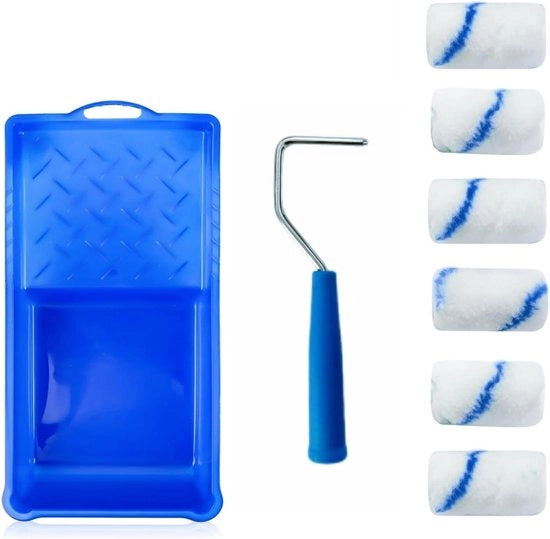 Kit di pennelli a rulli per vernice - Blu-bianco - 6 rulli - Inclusa cassetta di vernice e cornice - Attrezzature per la pittura per la camera da letto familiare - Decorazione architettonica