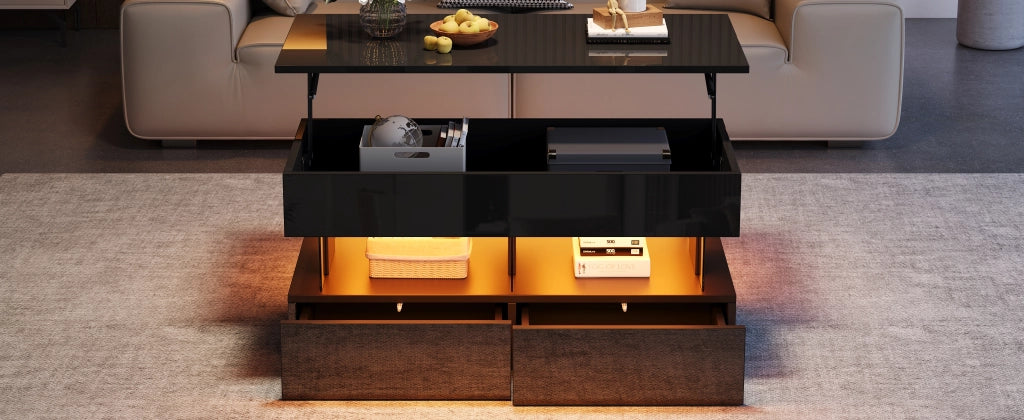 Tavolino basso sollevabile con 2 cassetti, vano contenitore e LED, in MDF, per soggiorno, nero, 100 × 50 × 46 cm