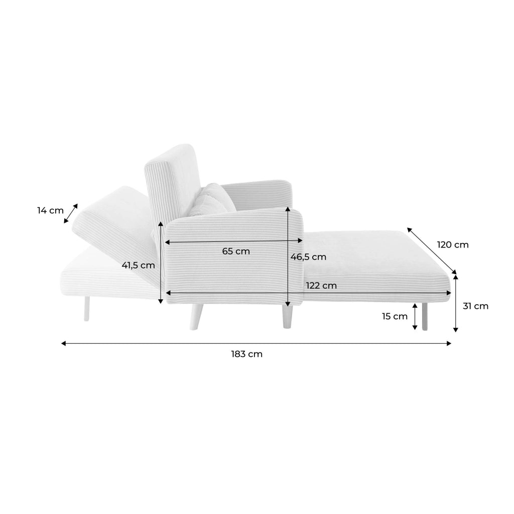Divano letto in velluto a coste con gambe in legno, 2 posti, beige