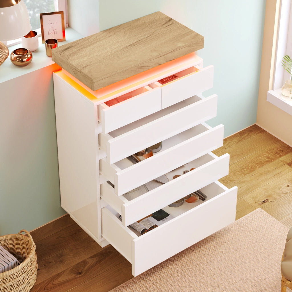 cassettiera con 6 cassetti e LED in pannello truciolare e MDF bianco per soggiorno e camera 115 × 73 × 39 cm
