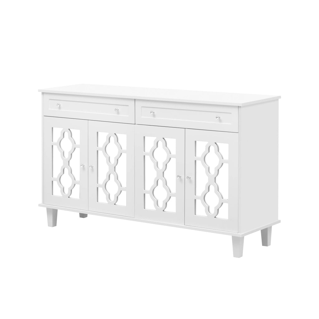 Credenza con quattro ante a specchio, due cassetti e ripiano regolabile in MDF bianco per soggiorno 140 × 40 × 83 cm