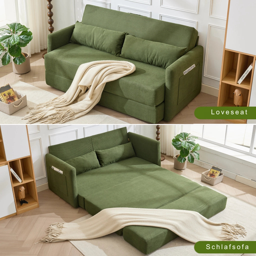 Divano Letto Convertibile 2 Posti con tasche laterali e due cuscini lombari, in velluto a coste, Verde