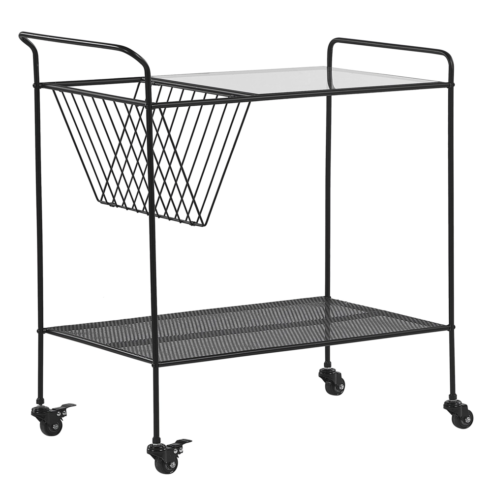 Carrello da Cucina in Metallo Nero 70 cm Piano in Vetro Temperato con Ripiano e Ruote Industrial Modern