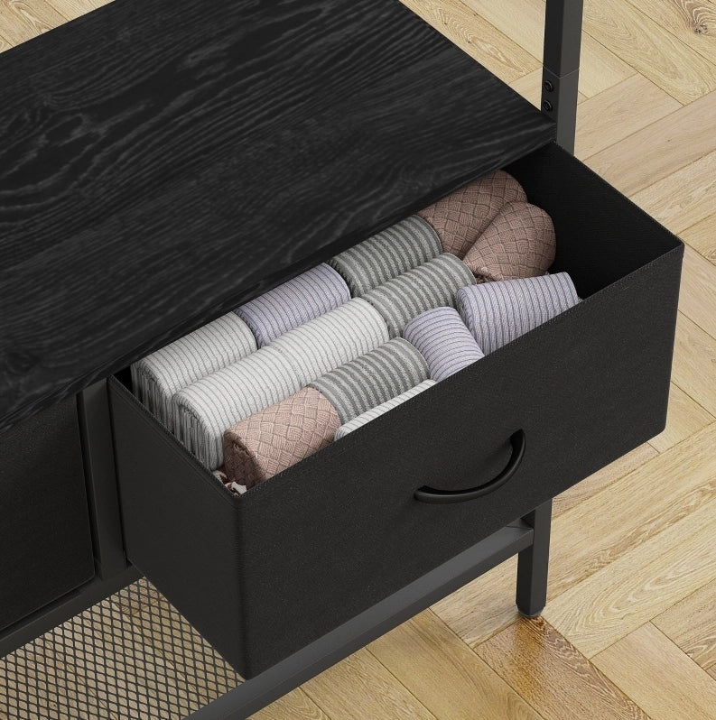 Appendiabiti da ingresso con scarpiera; 8 ganci; 2 cassetti in tessuto; nero; 80x30x180;5 cm