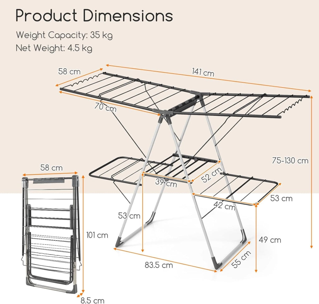 Stendibiancheria pieghevole a 2 livelli, stendibiancheria pieghevole con ali regolabili(75-130 cm), 33 bar, clip utili; telaio in acciaio, essiccatore su piedistallo per interni esterni