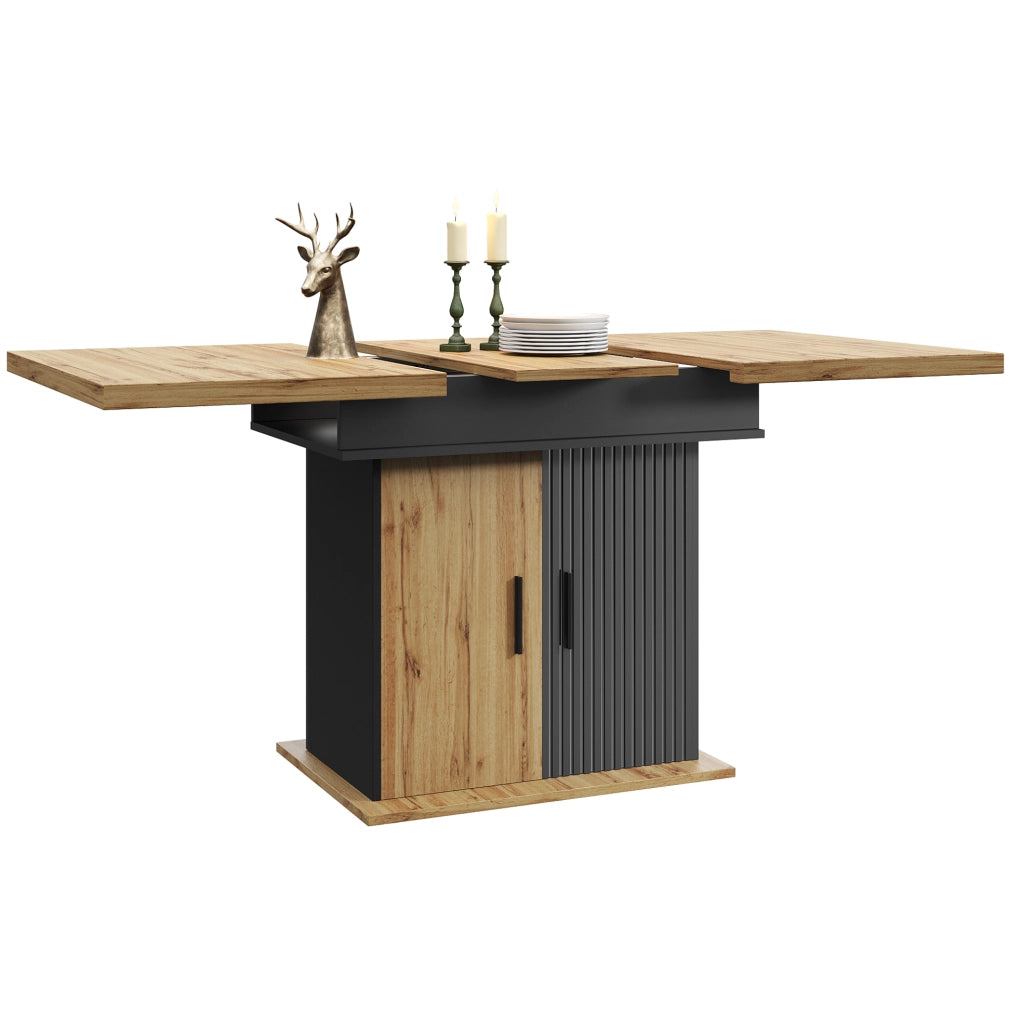 Tavolo allungabile 110-140x80x75 cm con contenitore; MDF nero e naturale