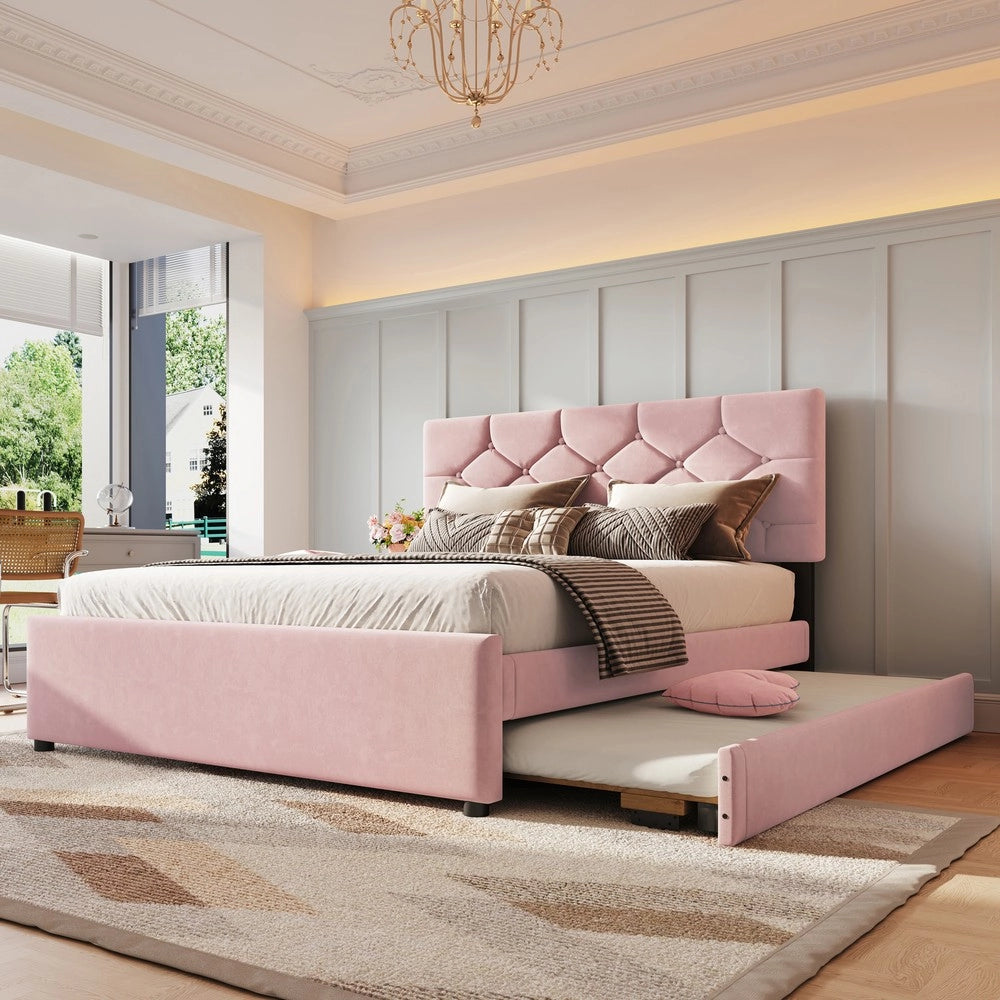 Letto imbottito 140x200 con rete a doghe e contenitore ¨C Minimal ¨C Rosa velluto