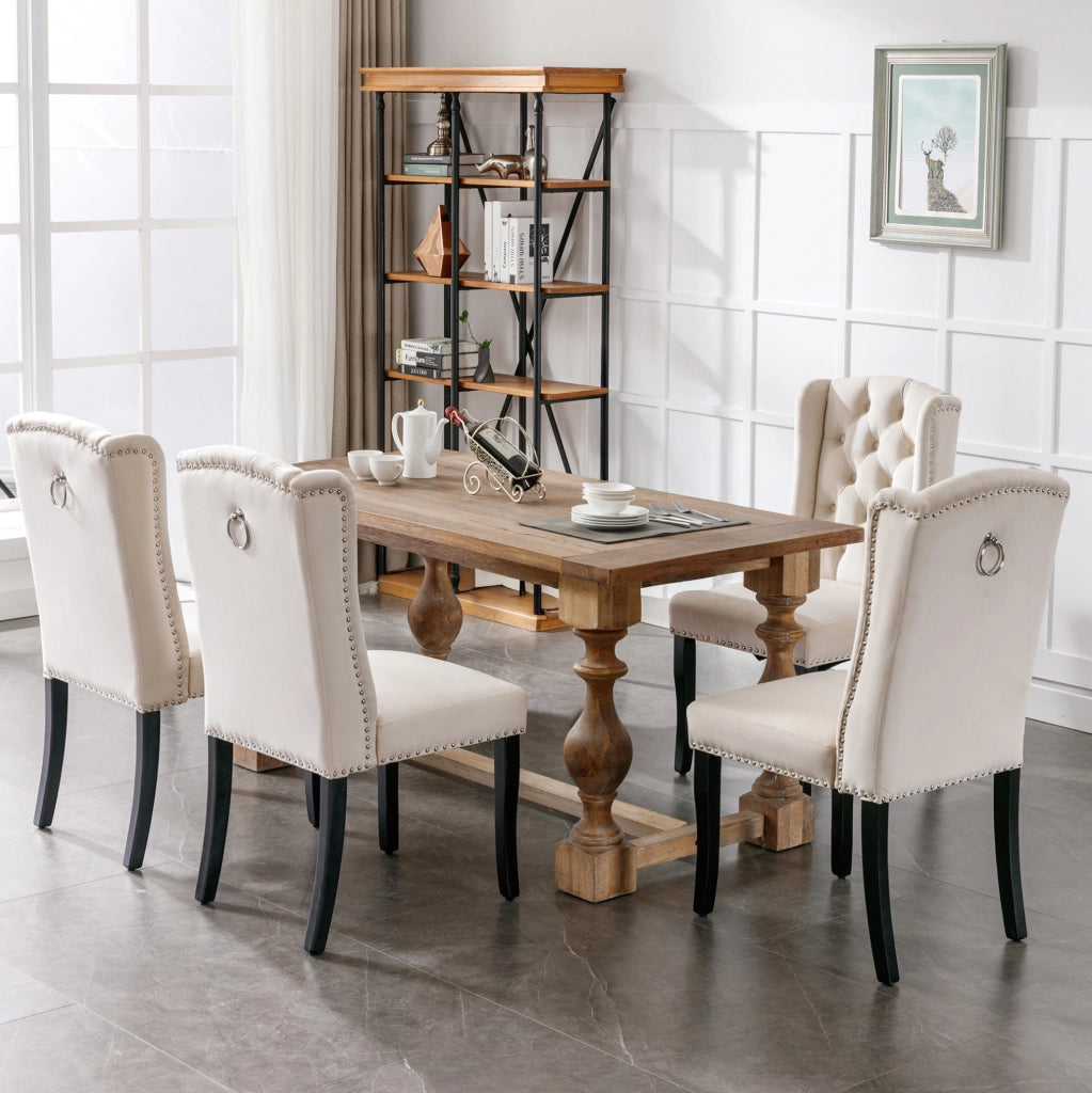Set di 4 sedie da pranzo in velluto con gambe in quercia beige