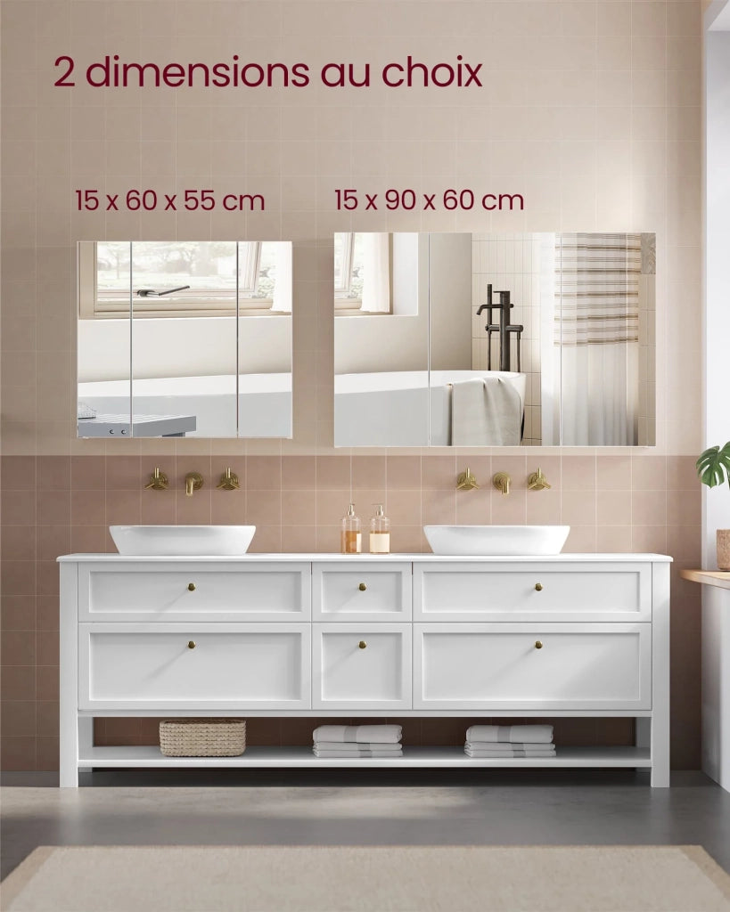 Mobiletto da bagno a muro con specchio mobiletto a 3 ante 60 x 15 x 55 cm con ripiano regolabile bianco moderno 12_0004041