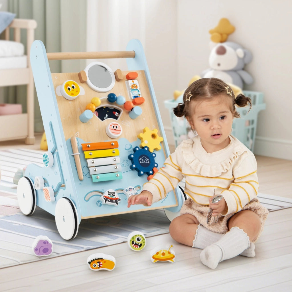 Girello in legno per bambini di apprendimento a spinta ea trazione, Girello in legno per bambini con ruote Blu-Primi passi