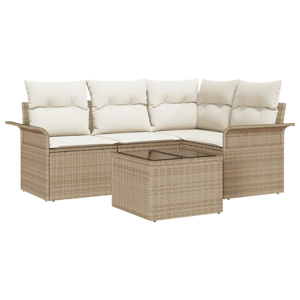 Set di Divano da Giardino di 5 Pezzi con Cuscini Rattan Poly Marrone