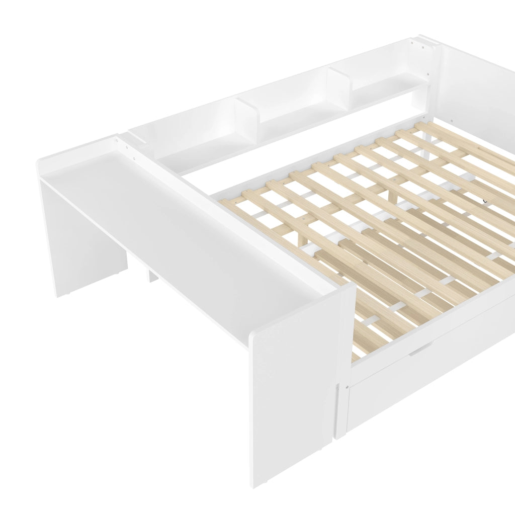 OKWISH Letto combinato 140×200 cm, Letto Matrimoniale con Scrivania, Letto estraibile 90×190 cm, Mensole e Comodino, senza Materasso, Bianco