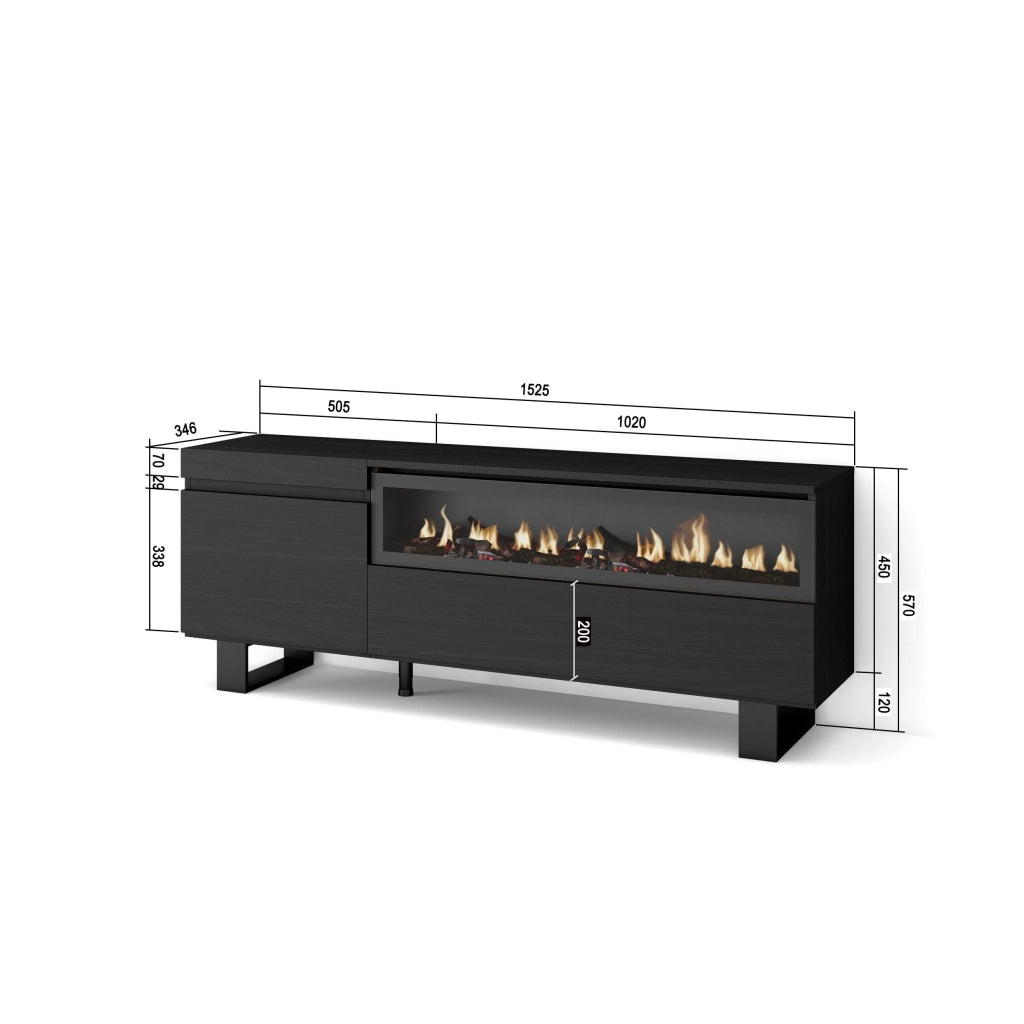 Mobile TV Soggiorno, 150x35x57cm, Per TV fino a 65", Camino elettrico, Design industriale, Nero RF2485