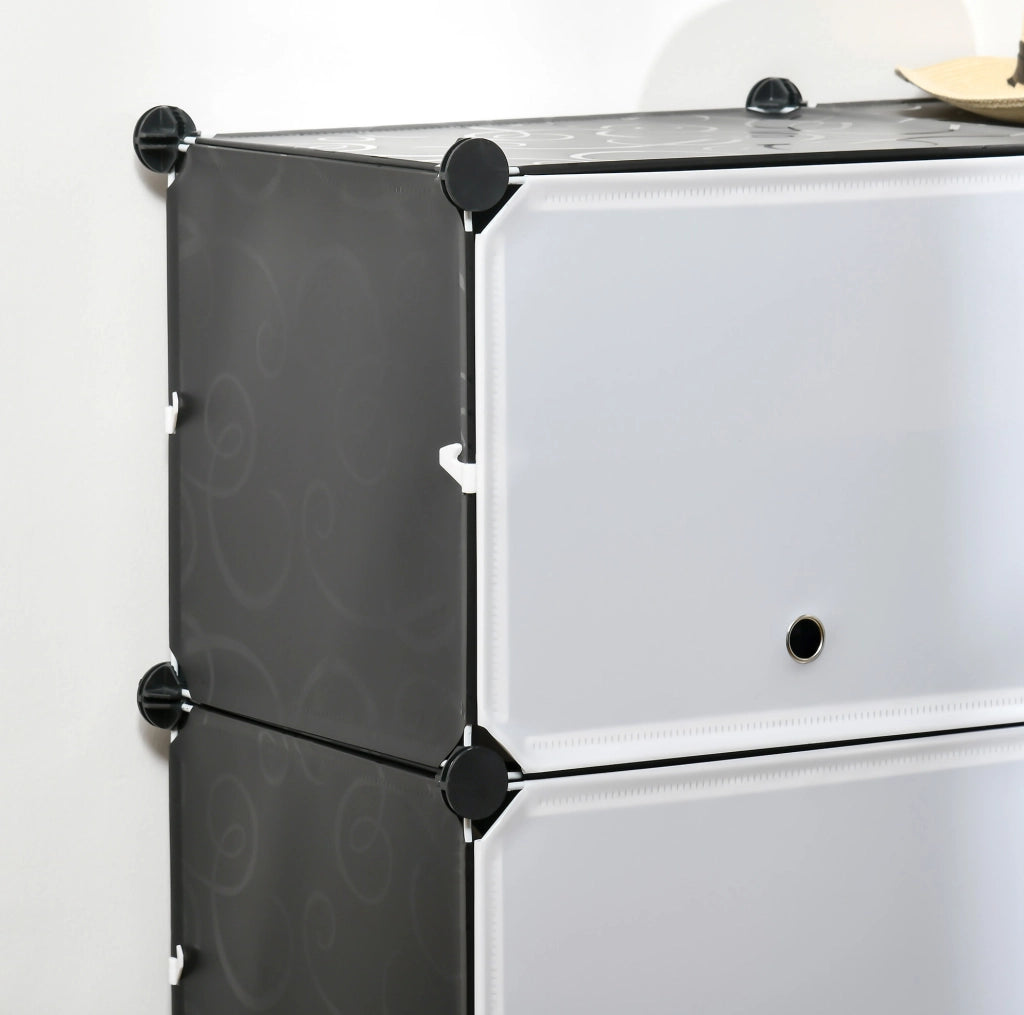 Scarpiera modulare ULEVR 125x32x125 cm con 12 cubi e ante rimovibili, plastica nera e bianca