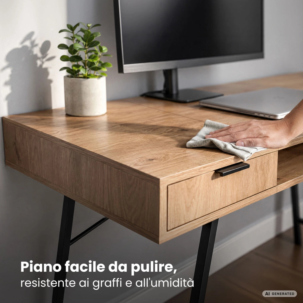 Scrivania industriale per computer Rovere Artisan ARDEN 120 cm 2 cassetti 1 ripiano gambe nere