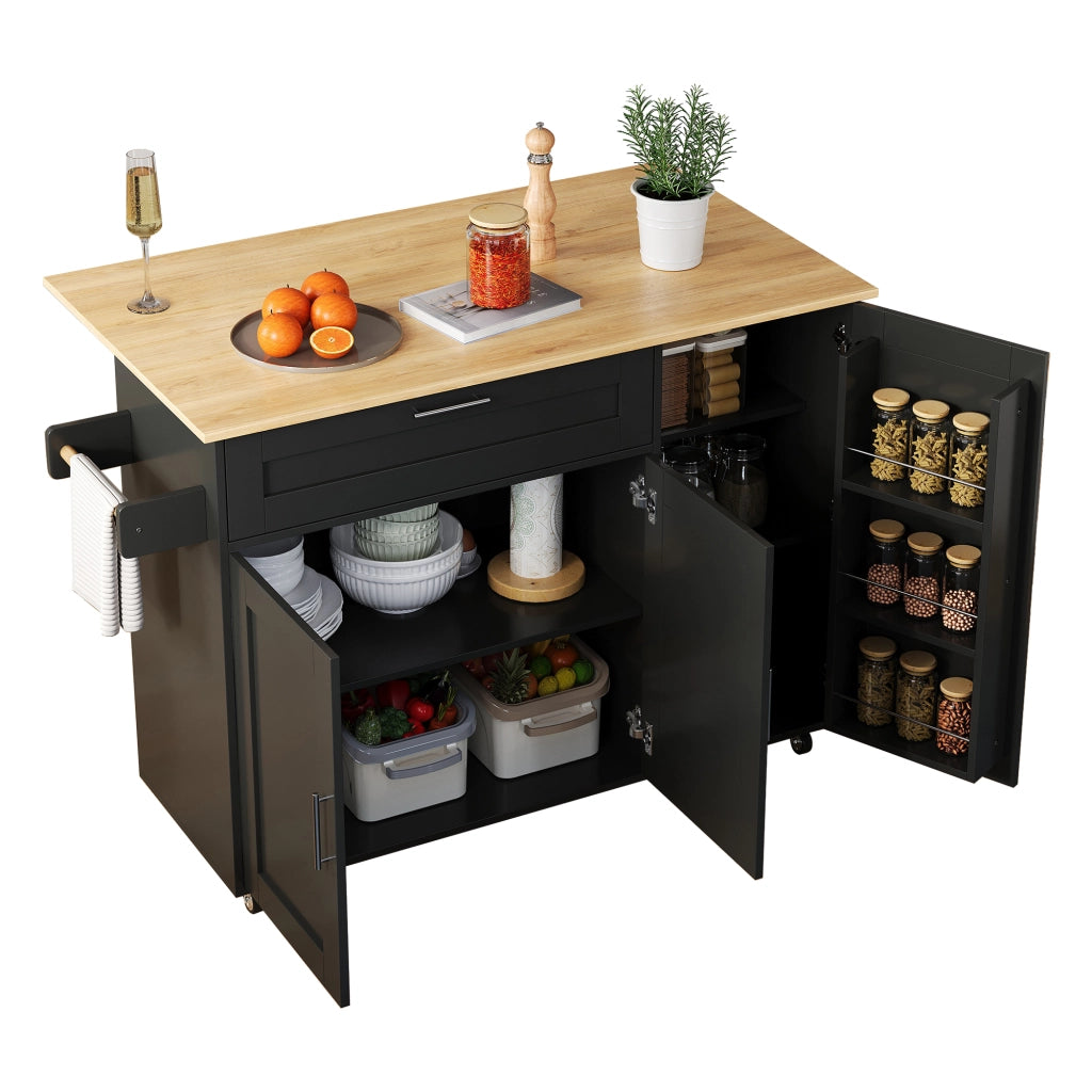 Carrello Isola da Cucina 132;5x44/70x90 cm Nero con Piano Ribaltabile; Armadietti e 5 Ruote