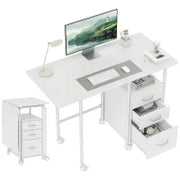 Scrivania per computer pieghevole su ruote, scrivania con ripiani, 3 cassetti, piano estensibile, 105x51x75,5cm, bianco