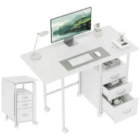Scrivania per computer pieghevole su ruote, scrivania con ripiani, 3 cassetti, piano estensibile, 105x51x75,5cm, bianco