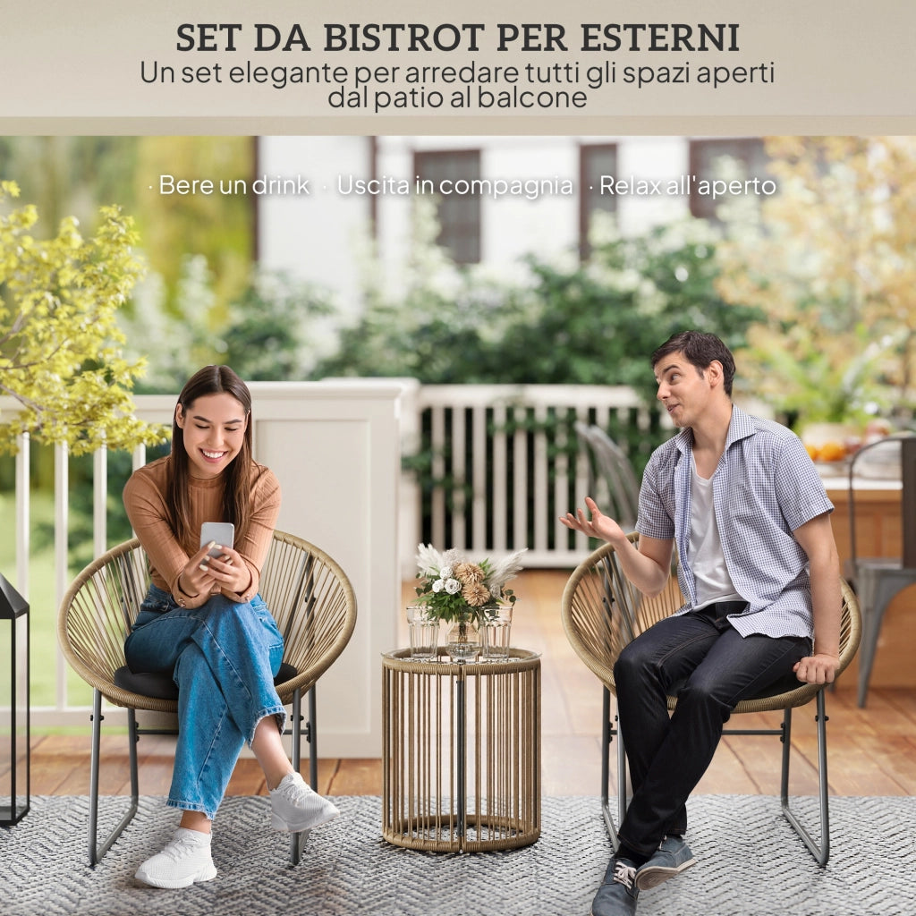 Set da Giardino 3 Pezzi in Rattan e Acciaio con 2 Sedie con Cuscini e Tavolino da Caff¨¨ a Cilindro, Multicolore