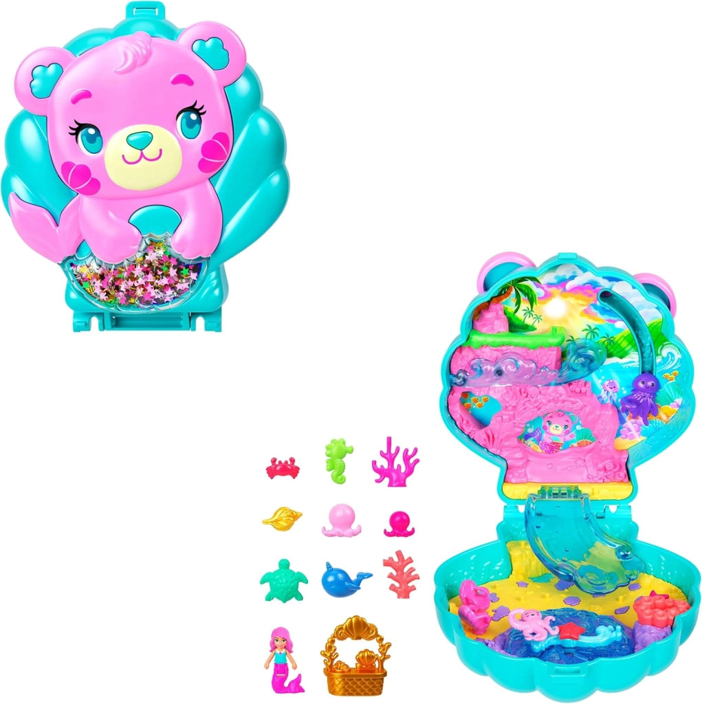 Polly Pocket - Cofanetto Magici Glitter, set portatile a forma di conchiglia con una microbambola sirena, cuccioli marin