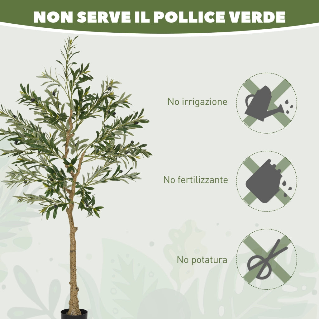 Pianta Artificiale Olivo Alta 150 cm con 720 Foglie e 32 Olive per Interni con Vaso in Plastica e Seta Verde