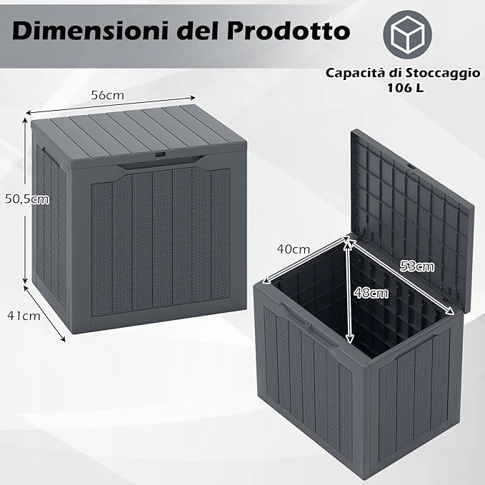 Baule da Esterno 96 L, Cassapanca Contenitore con Coperchio Bloccabile e Tessitura in Vimini, per Giardino e Cortile, 56 x 41 x 50,5 cm (Grigio)
