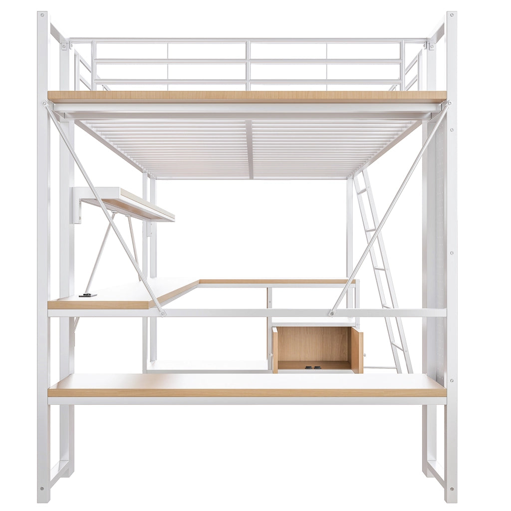 LETTO Soppalco 140x200 cm in metallo e MDF bianco con scrivania, LED e USB