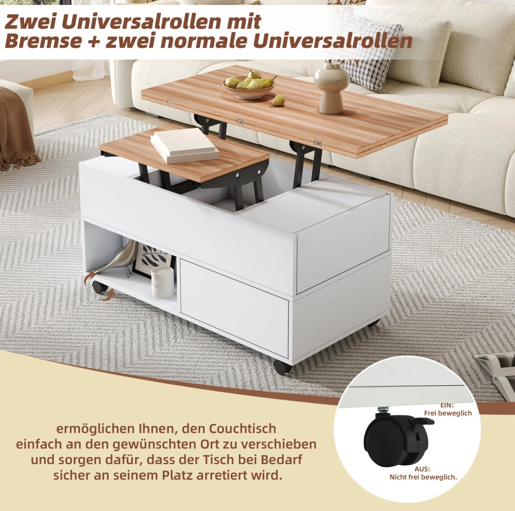 Tavolino elevabile con ruote e 4 cassetti bianco rovere