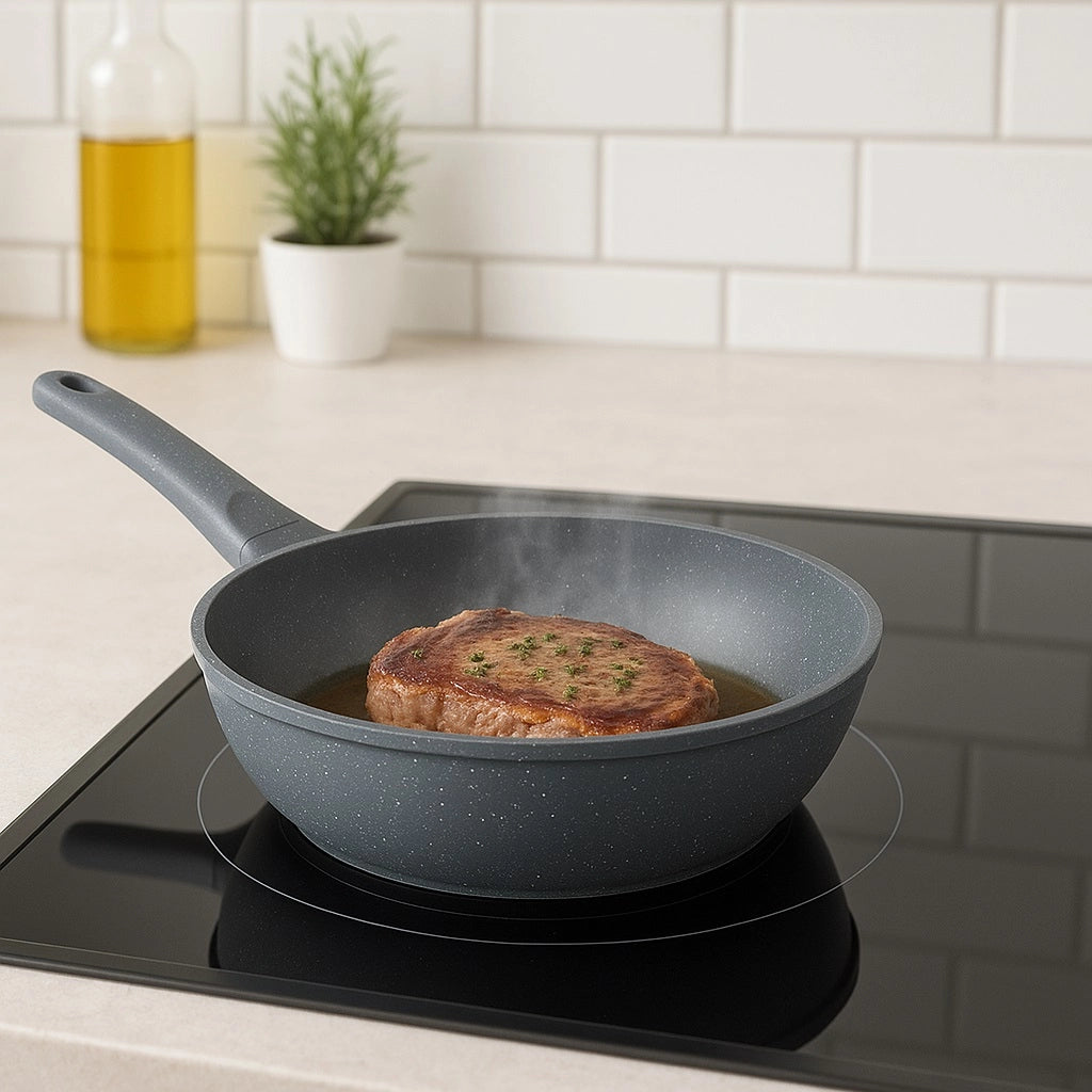 Set Padelle Induzione Pietra Antiaderenti 20/24/28 cm con Coperchi in Vetro Grigio