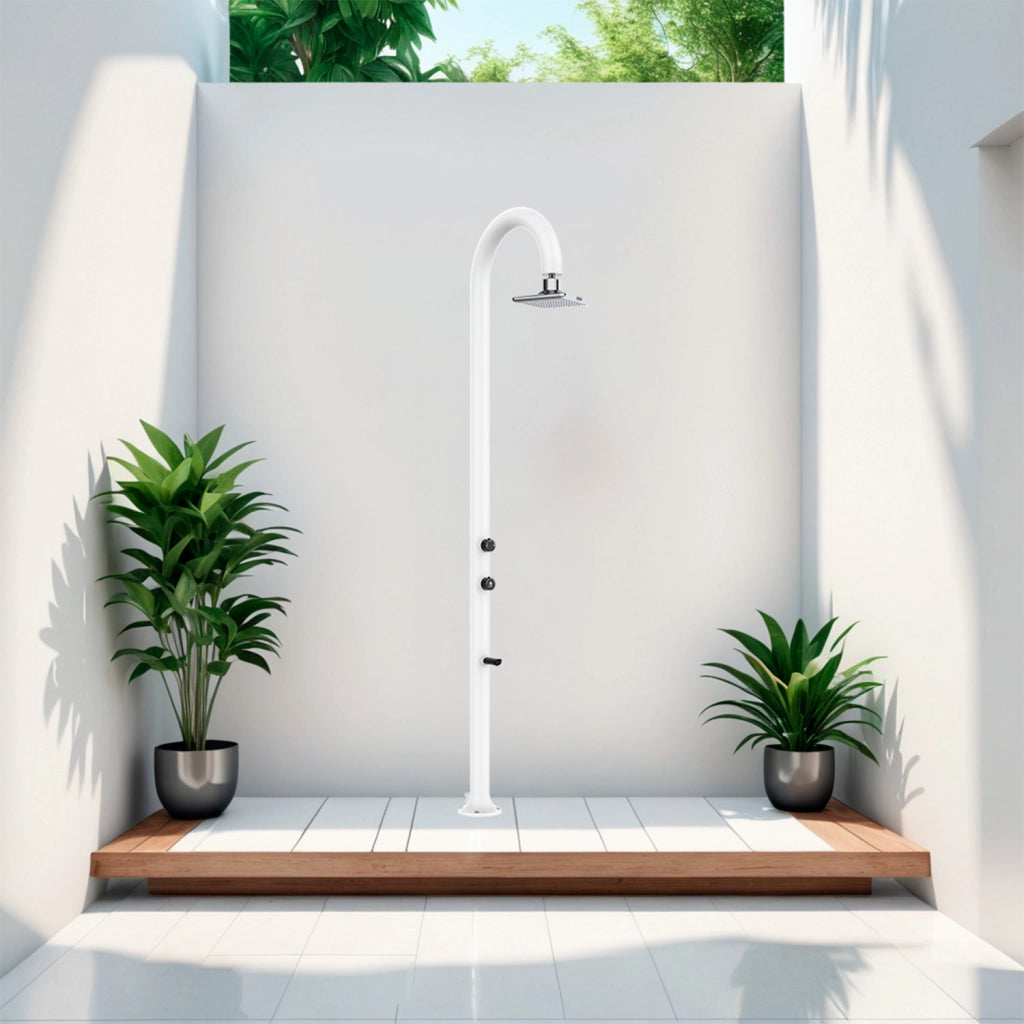 SINED Doccia in Alluminio Bianco con Soffione LED Quadrato e Termometro LCD Doppio Attacco Acqua Posizionabile InternoEsterno Altezza 2235 cm Modello LUNA ALU BIANCA LED