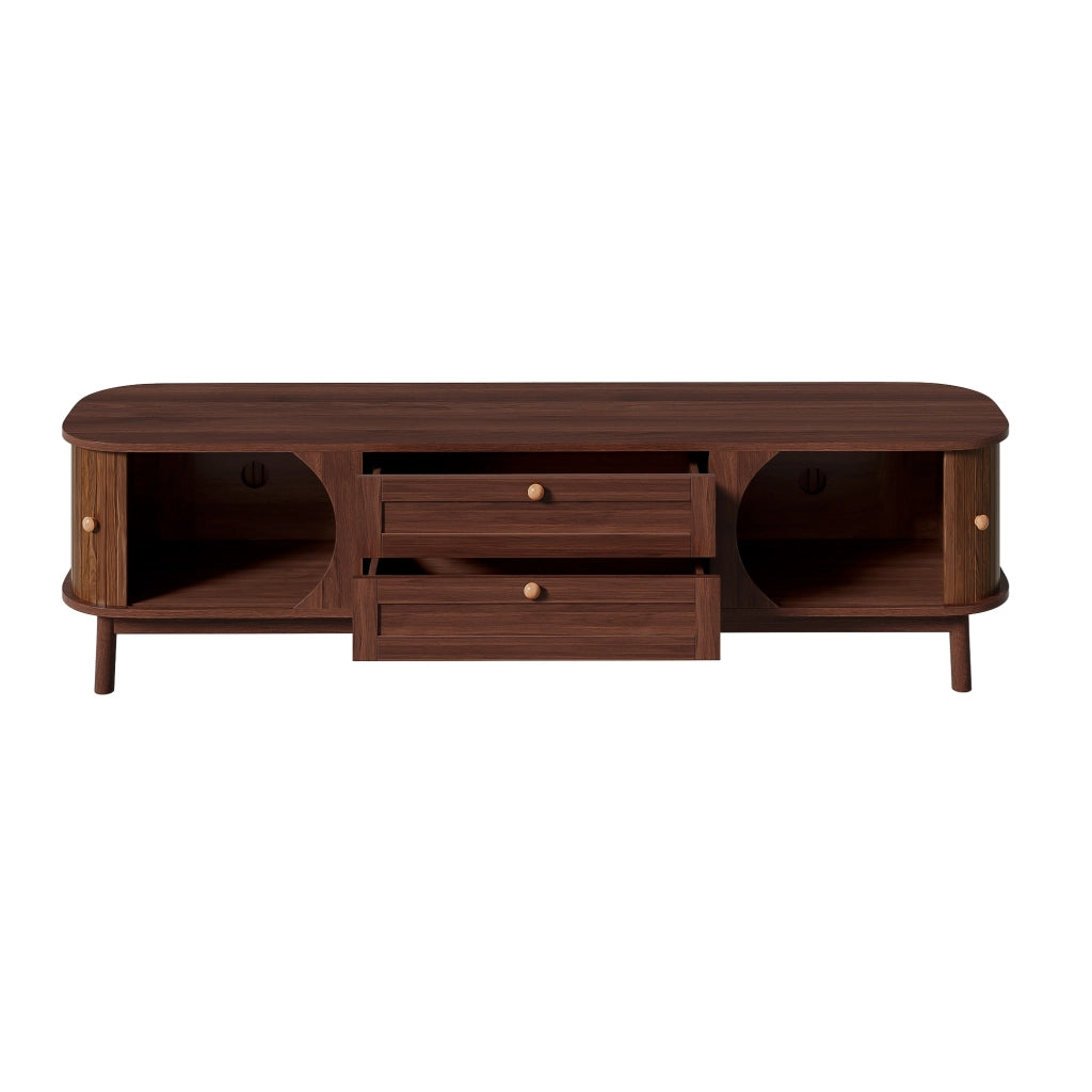 OKWISH Mobile TV con Ante Scorrevoli e Cassetti, Gambe in Legno, per Soggiorno, MDF, Noce, 170 x 39,5 x 46 cm