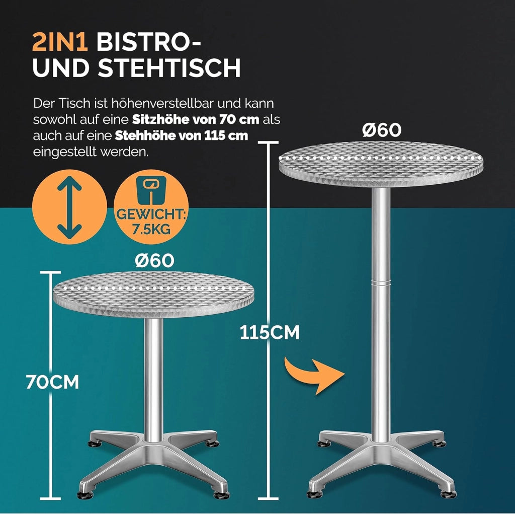Set di 2 Tavoli da Bar Regolabile 70cm/115cm Alluminio Rotondo Ø60cm Resistente Esterno Tavolo da Bistrò Party