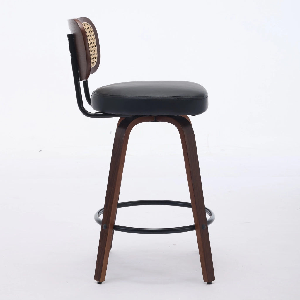 Set 2 Sgabelli da Bar ¨C MINIMAL ¨C Rattan, Seduta Imbottita, Girevoli, Noce/Nero, 66 cm