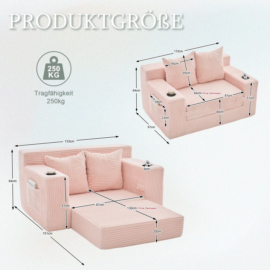Divano pouf in velluto a coste rosa con due cuscini tasche laterali e braccioli