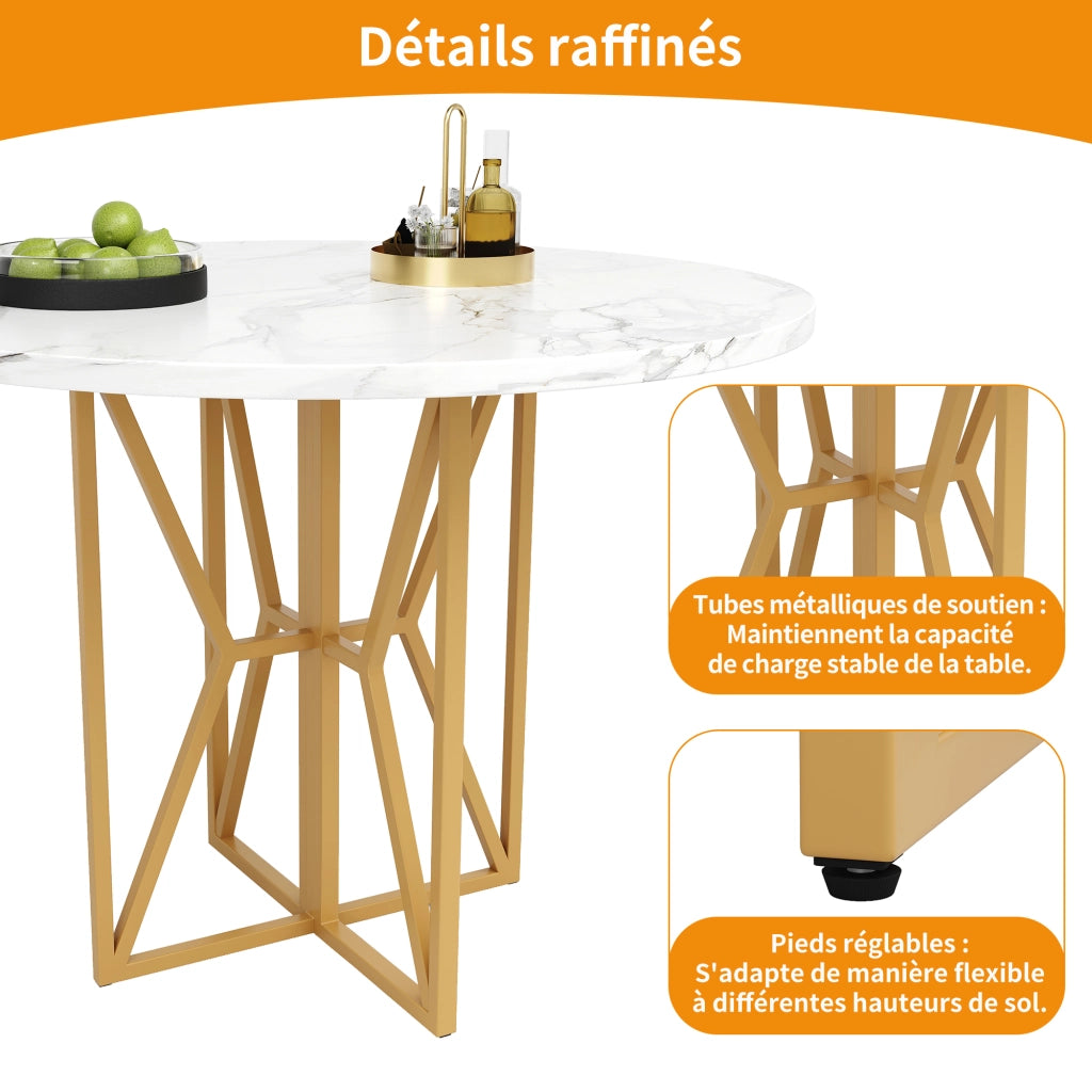 Tavolo da pranzo rotondo con piano in MDF effetto marmo e gambe in metallo regolabili per soggiorno, oro, 80 × 80 × 76 cm