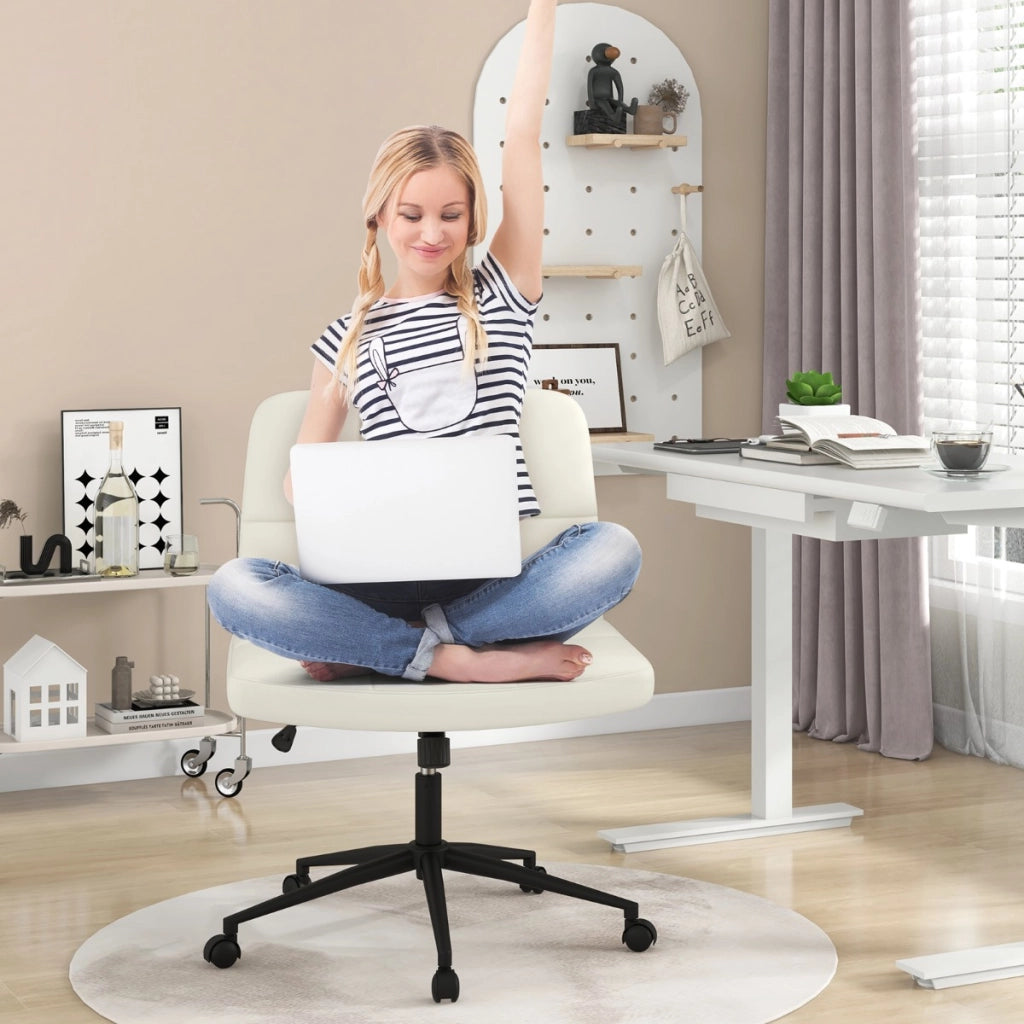 Sedia a crociera con ruote seduta a U, Sedia da ufficio a gambe incrociate rivestita in pelle PU Beige-Sedie da ufficio