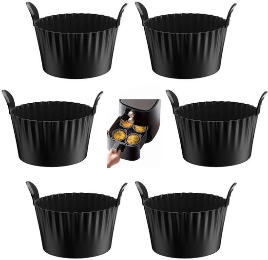 Accessori per Airfryer 6 pezzi - Forma Airfryer a forma di uovo - Ciotole in silicone riutilizzabili - Accessori per ciotole - Kit antiaderente per cucina - Progettato con manico - 9*9*5,5cm - Adatto per la cottura di torte, uova, cake, snack - Nero