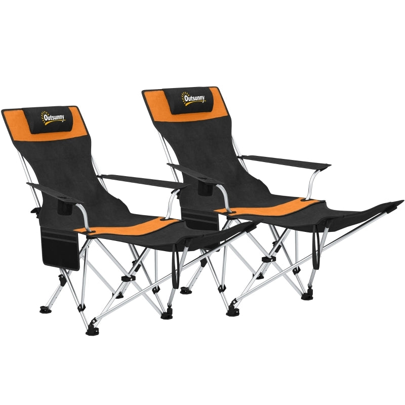 Set di 2 sedie da campeggio pieghevoli con poggiapiedi e portabicchiere removibile colore arancione.
