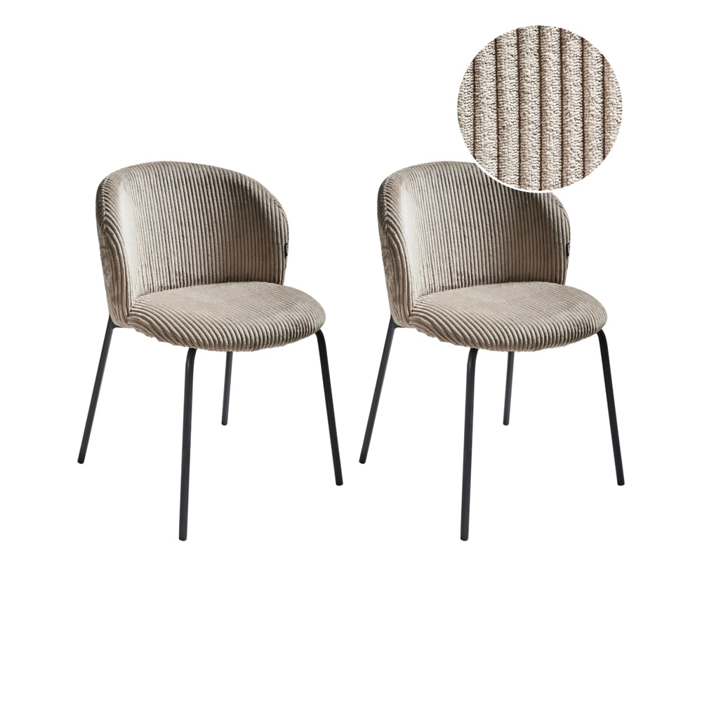 Set di 2 sedie da pranzo in velluto a coste beige con schienale arrotondato Retro
