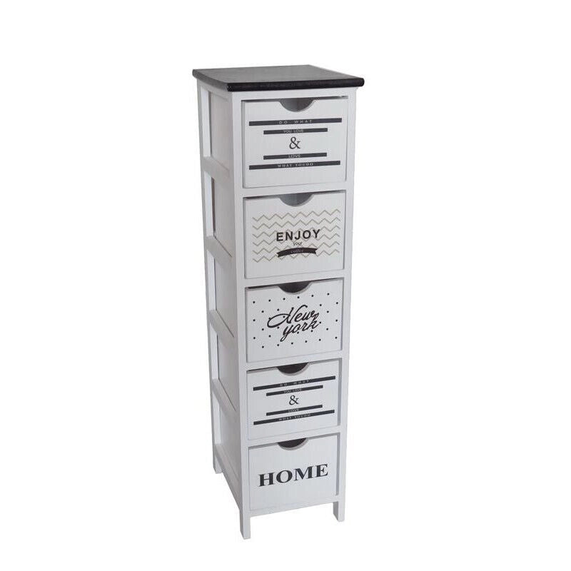 ENJOY MOBILE A 5 CASSETTI SLIM 26X32X98 CM BIANCO CON SCRITTE E TOP NERO