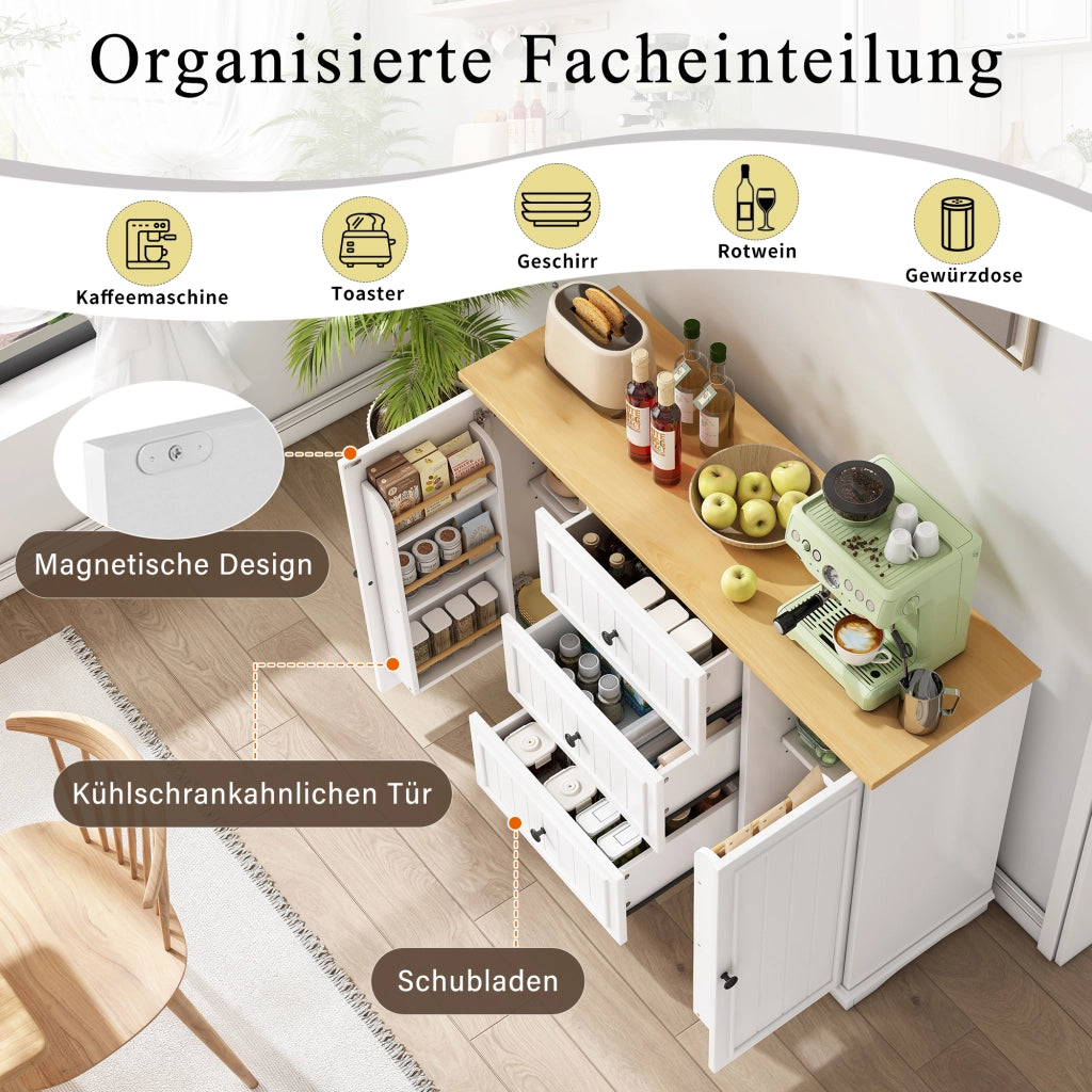 Credenza con 3 cassetti; 2 ante e ripiani regolabili per cucina e soggiorno in MDF bianco 126×40×86 cm