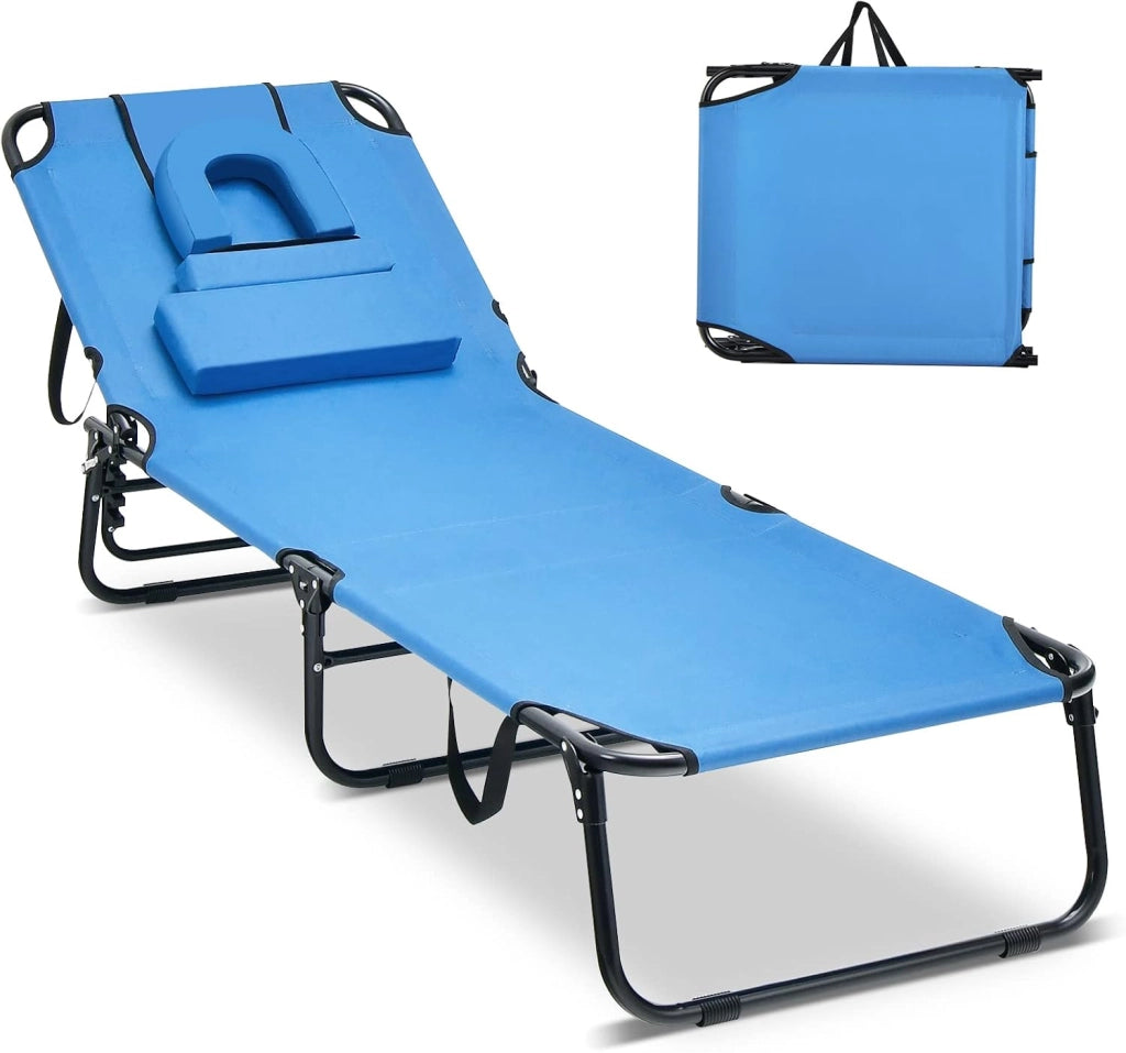 Lettino Pieghevole Spiaggia, Lettino Sdraio da Mare con Foro per il Viso e 3 Cuscini Rimovibili, Schienale Regolabile 5 Posizioni, Lettino Prendisole da Campeggio, Portata 160kg (1, Blu)
