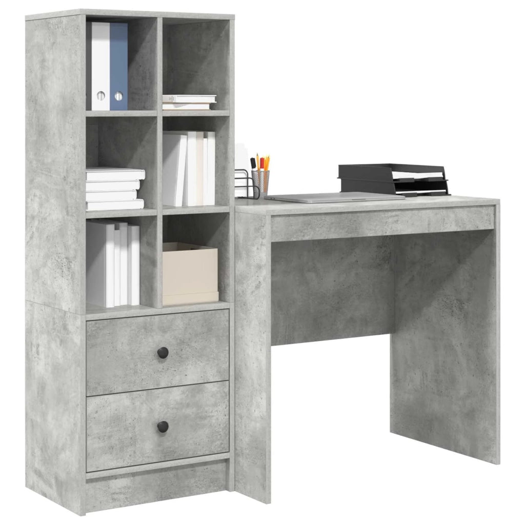 Scrivania | Tavolo da Ufficio con cassetto con lo scaffale 2 pz Grigio cemento