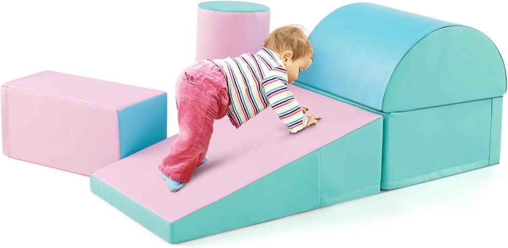 Set di 5 Blocchi con Diverse Forme e Colori, Giocattolo per Arrampicata e Strisciamento, Aiuta i Bambini a Crescere (Verde e rosa chiaro)