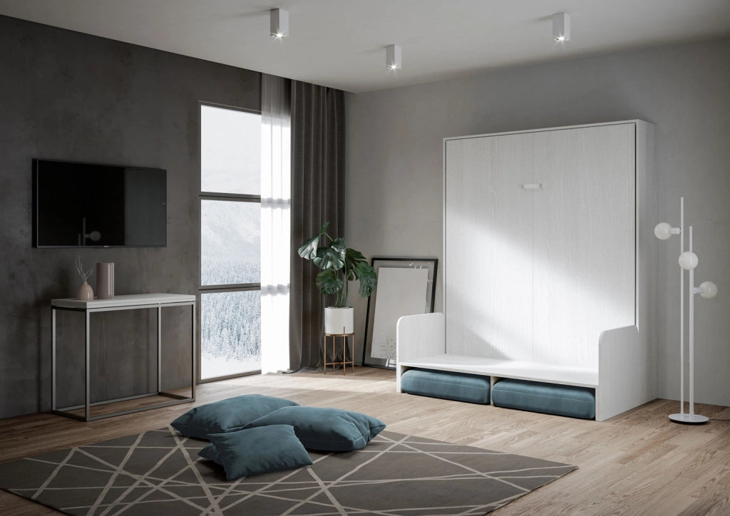 Letto matrimoniale a scomparsa 160 Kentaro con divano bianco frassino, azzurro