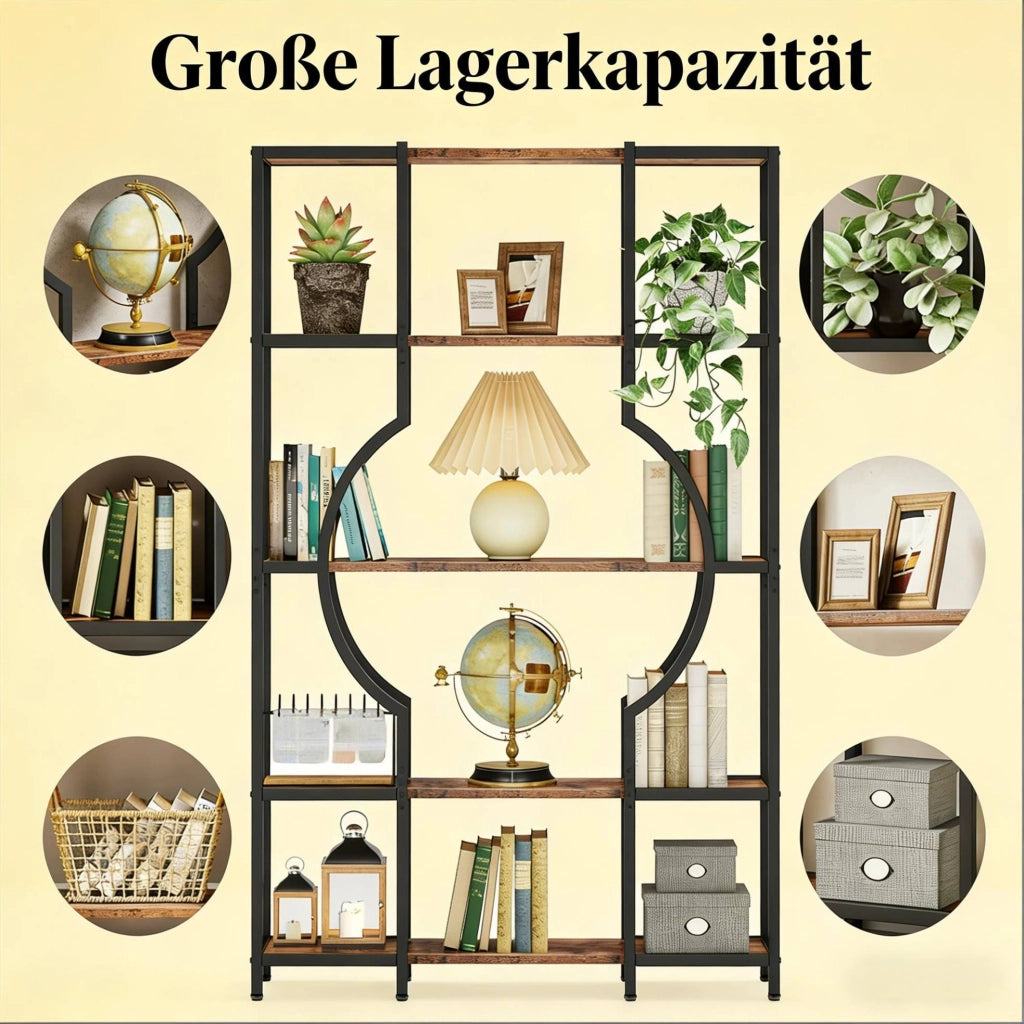 Libreria a 5 ripiani in metallo nero e MDF marrone rustico