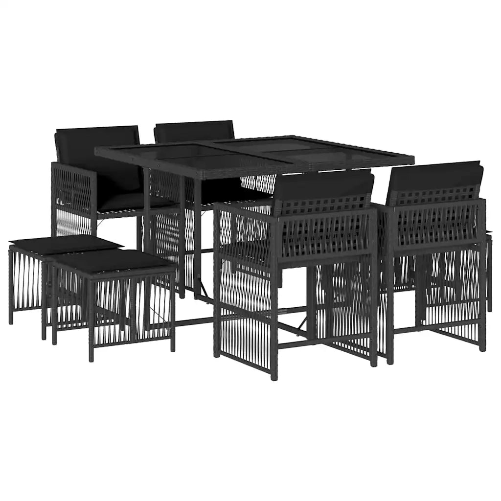 Set da Pranzo da Giardino 9 pz con Cuscini Nero in Polyrattan 3211675